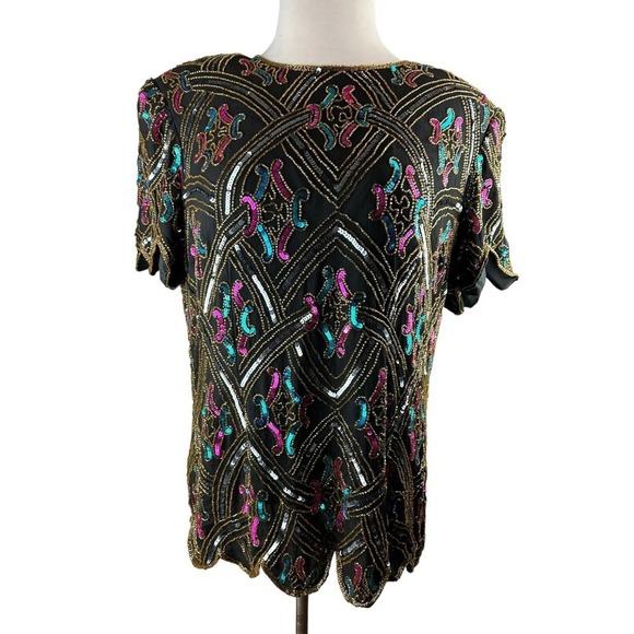 Vintage Papell Boutique Silk Sequin Beaded Embellished Top Black Plus Size 2X - Picture 3 of 12